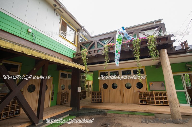 グリーンがアクセントになっている木造の園舎