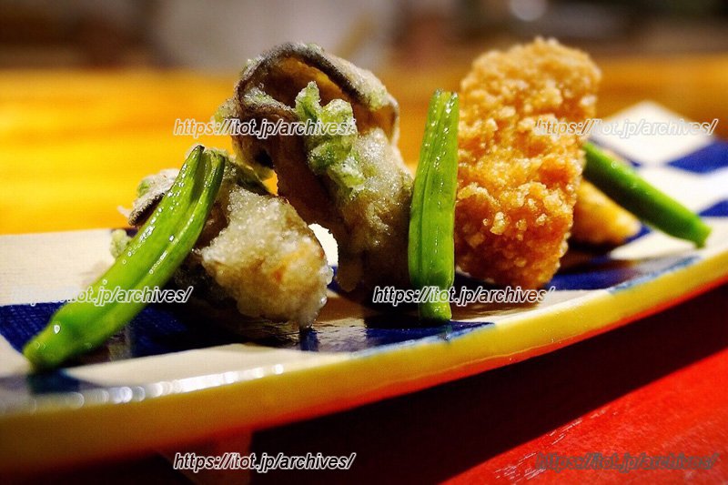 「牡蠣の磯辺揚げと海老芋のおかき揚げ」