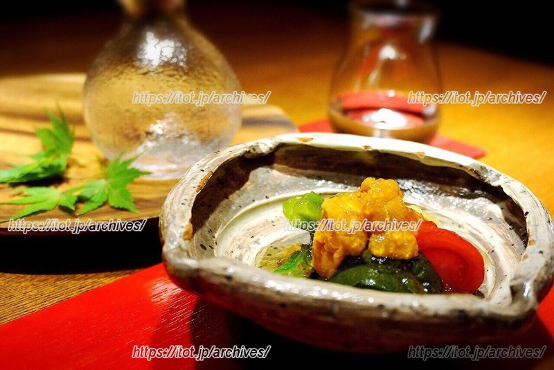 「オクラと金時草のおひたし 生うにフルーツトマト添え」