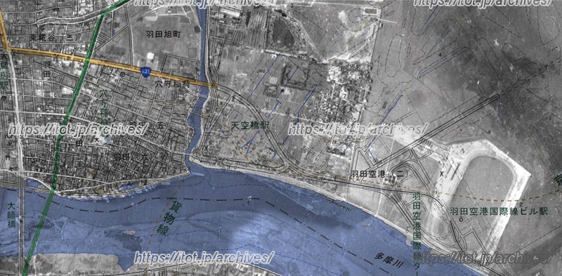 1936(昭和11)年頃の羽田周辺と現在の地図を重ねたもの