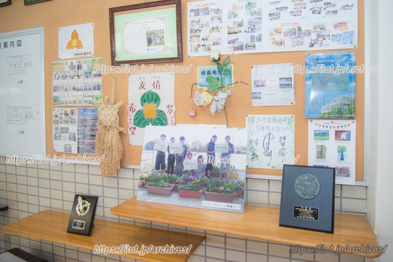 学校入口にはこれまでの活動紹介などが飾られている