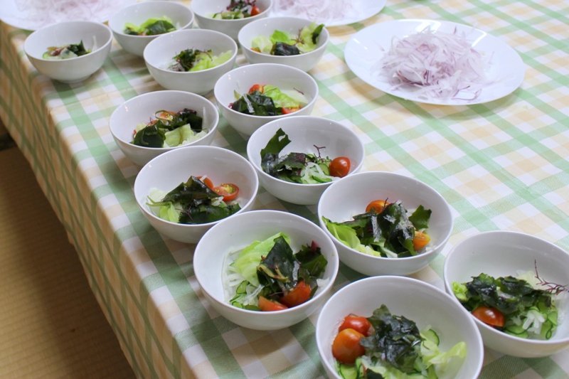 新鮮なレタス、トマト、わかめのサラダ