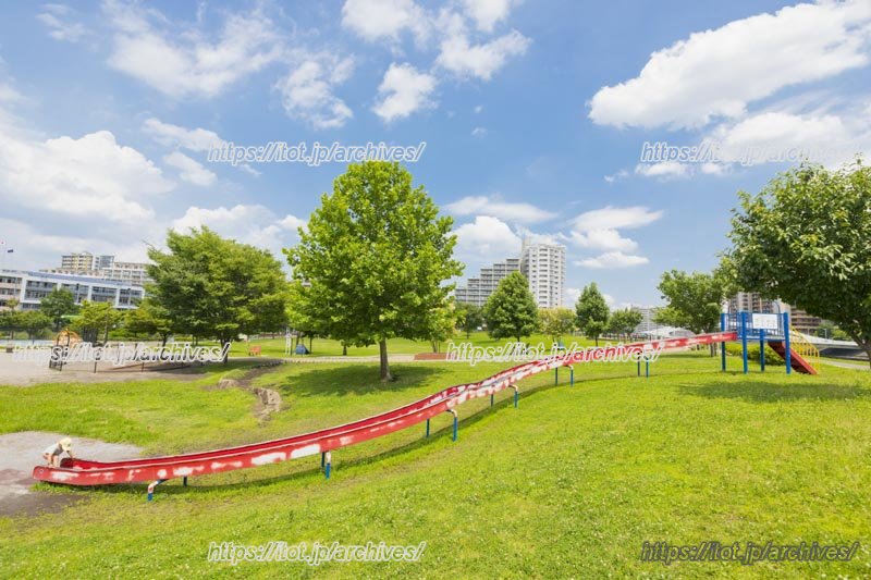 「新田さくら公園」の芝生広場とローラー滑り台
