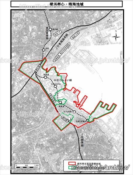 「横浜都心・臨海地域 都市再生緊急整備地域・特定都市再生緊急整備地域」区域図 （出典：横浜市HP）