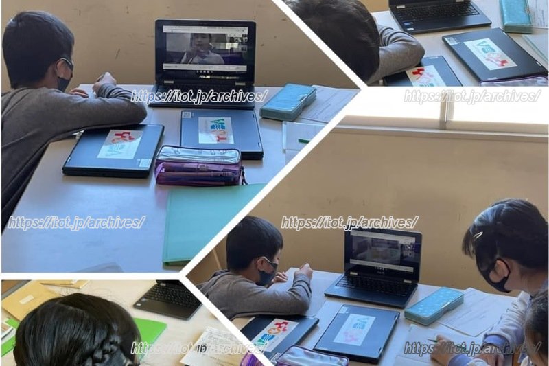 PBLにて、地域のゲストティーチャーからオンラインでレシピづくりのアドバイスを受ける5年生