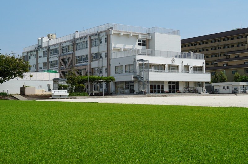 校庭の四分の一が広々とした芝生広場になっている