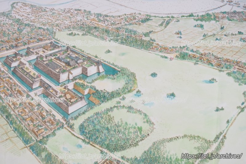 前田利長時代の高岡城下町鳥瞰推定図（部分／原案：古岡英明、作画：市山雅利／高岡市立博物館常設展より）