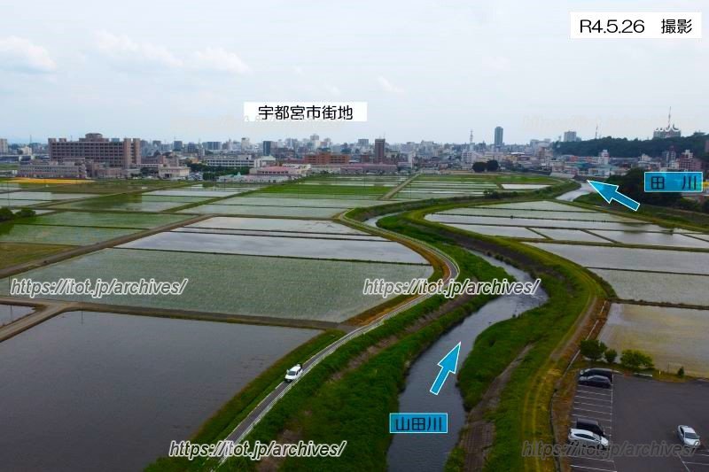 宇都宮市中心市街地部の河川水位を低減する「岩曽調節池」工事前の山田川・田川周辺の様子　（撮影：栃木県）