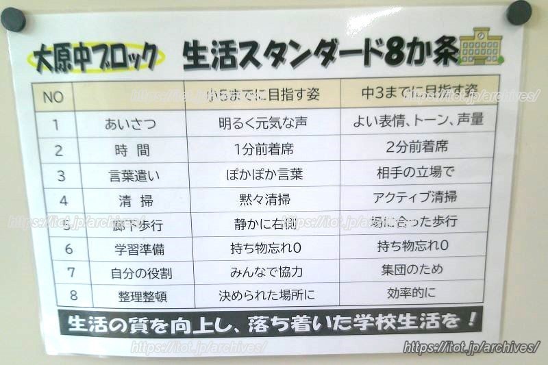 大原中ブロックで共通して取り組んでいる「生活スタンダード8か条」