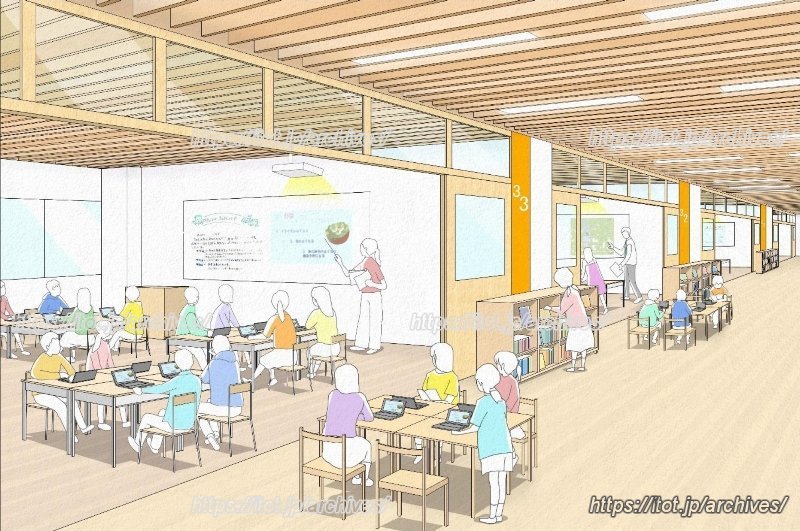 新たな学校のオープンスペースを活用した児童の学校生活イメージ （授業中）（引用：「町田市南第一小学校地区 新たな学校づくり基本計画」）